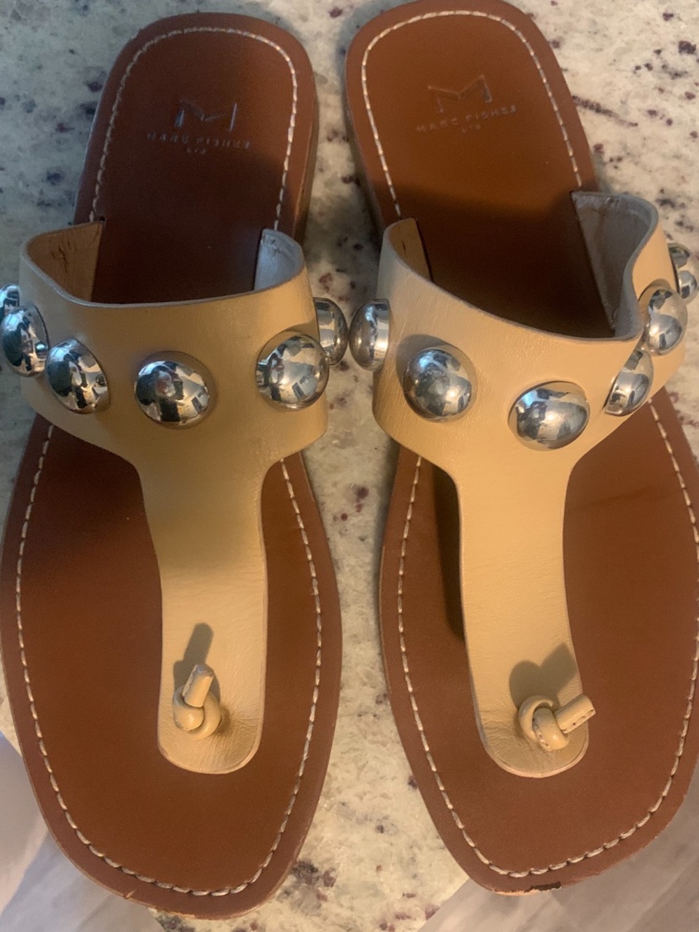 Marc Fisher Nude Leather Thong Sandals with Silver Studs Size 10M